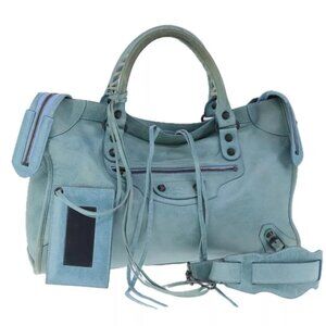 BALENCIAGA The City Hand Bag Leather 2way Light Blue Auth